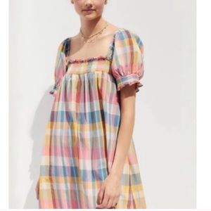 UrbanOutfitters Puff Sleeve Multicolor Plaid Dress